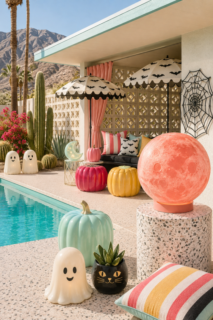 Candy color Halloween poolhouse cabana with coral moon lamp pastel pumpkins ghosts and bat umbrellas