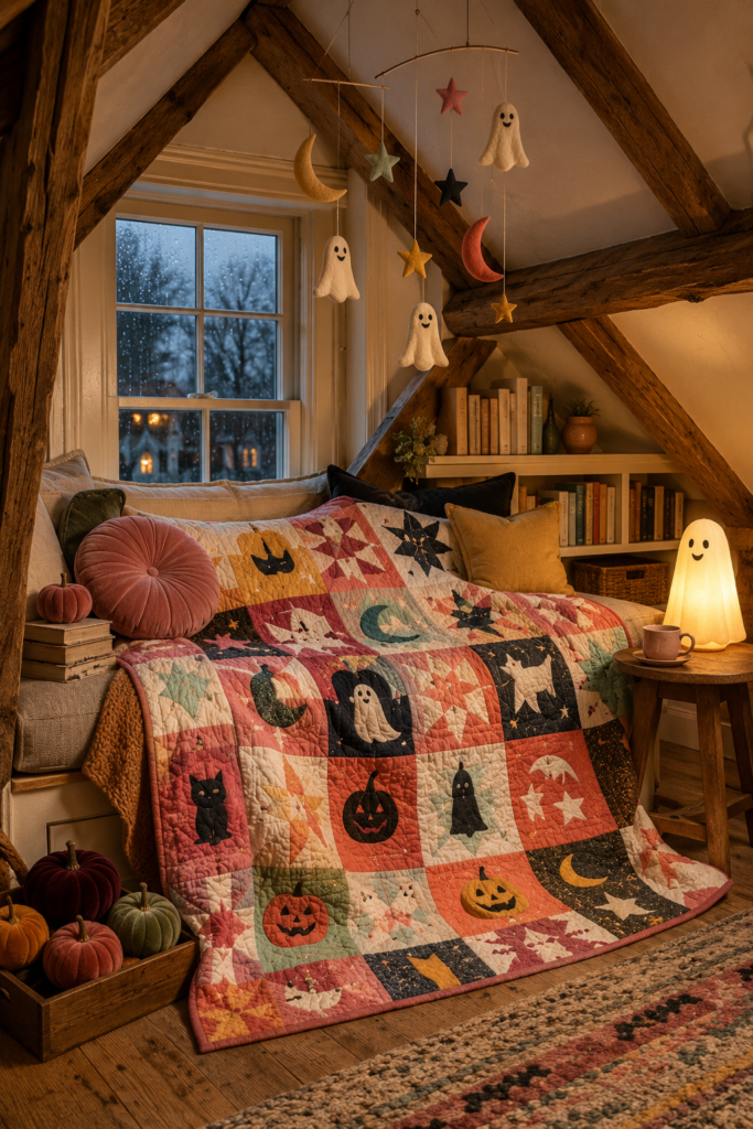 Candy toned Halloween patchwork quilt with felt ghost mobile and glowing lamp in a cozy timber framed loft