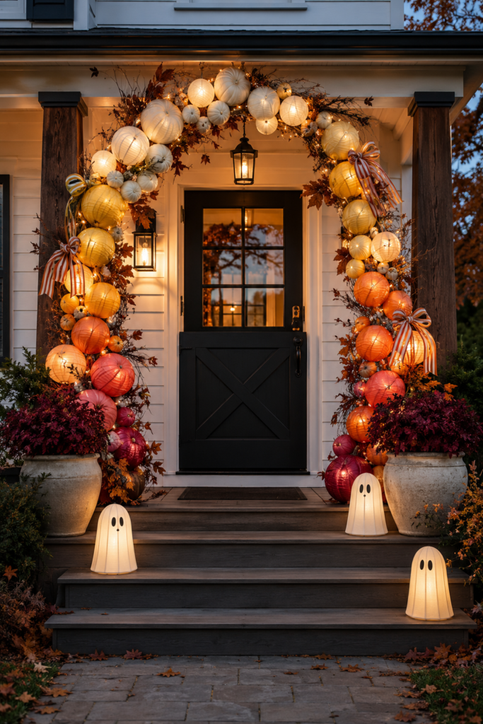 Candy corn pumpkin arch with striped bows glowing ghosts and burgundy planters on a farmhouse Halloween porch