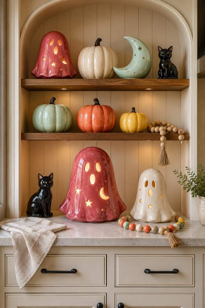 Candy glaze ghost lanterns pastel pumpkins black cats and crescent moon displayed on warm Halloween pantry shelves