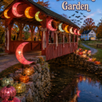 Candy moon Halloween garden headline above a lantern covered bridge with jewel toned pumpkin lights