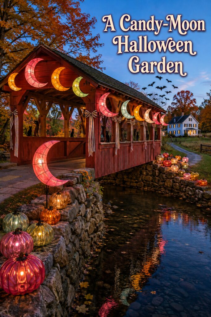 Candy moon Halloween garden headline above a lantern covered bridge with jewel toned pumpkin lights