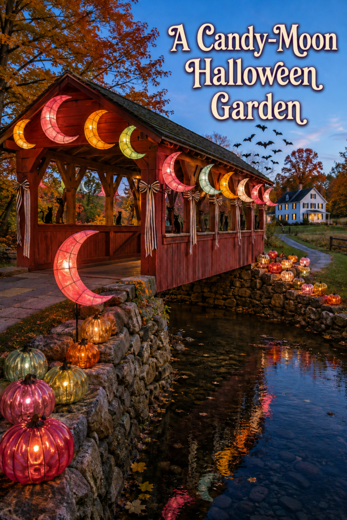 Candy moon Halloween garden headline above a lantern covered bridge with jewel toned pumpkin lights