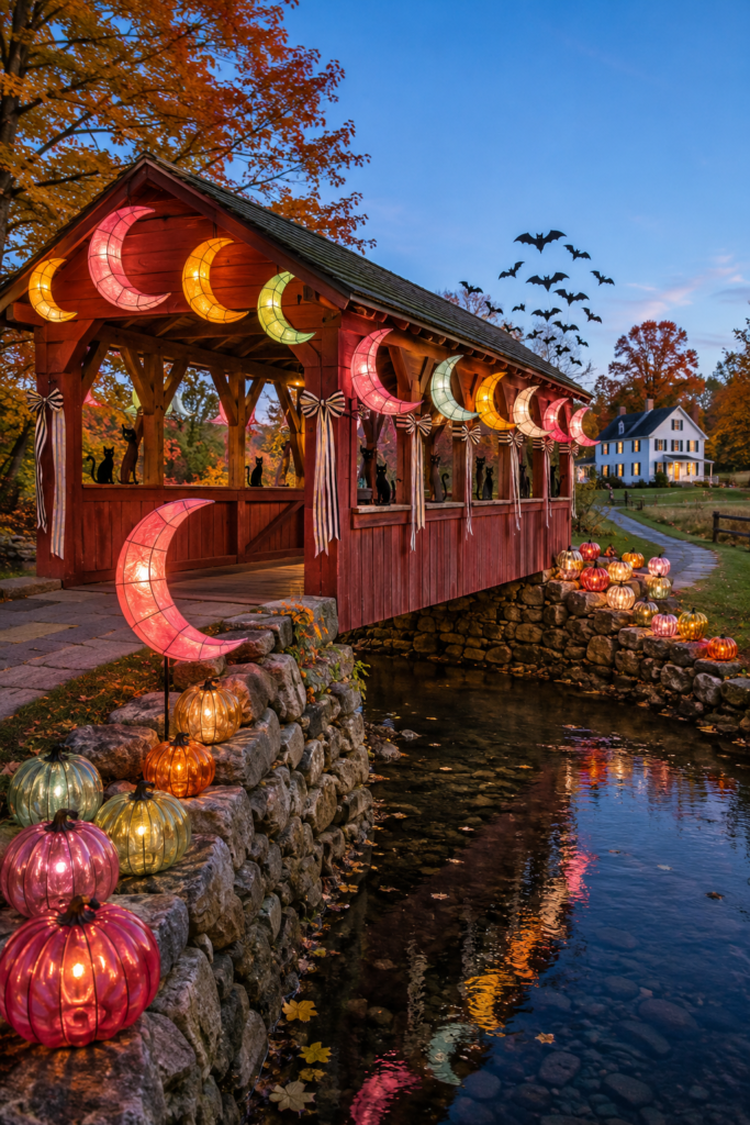 Candy moon lantern covered bridge garden with glowing pumpkins black cats and bats for Halloween