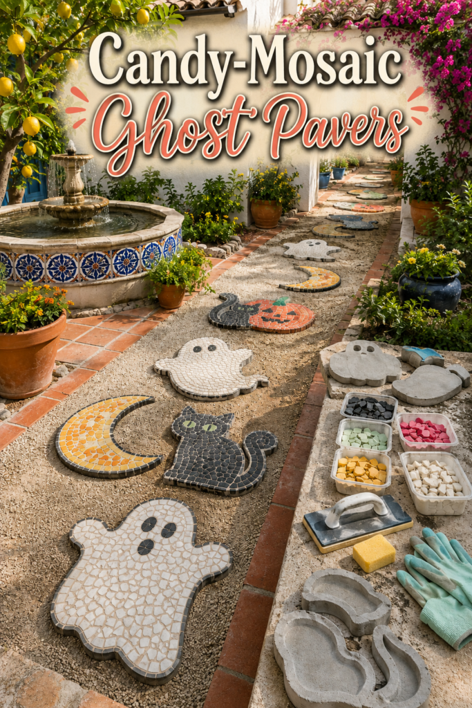 Candy-Mosaic Ghost and Cat Halloween Pavers