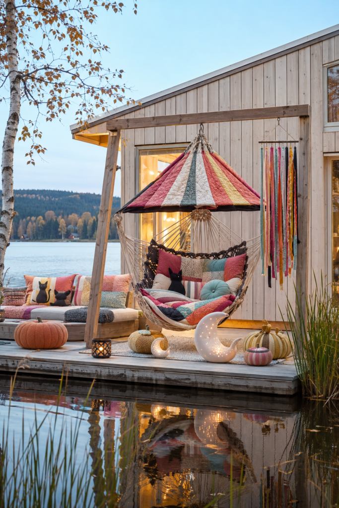 Candy ribbon Halloween hammock deck with patchwork textiles black cats fabric pumpkins and glowing moons beside a lake cottage