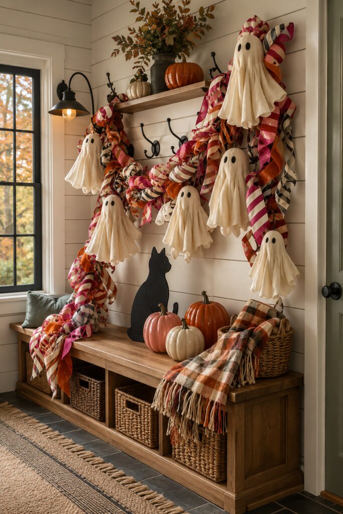 Candy stripe ghost garland decorating a farmhouse mudroom bench for Halloween