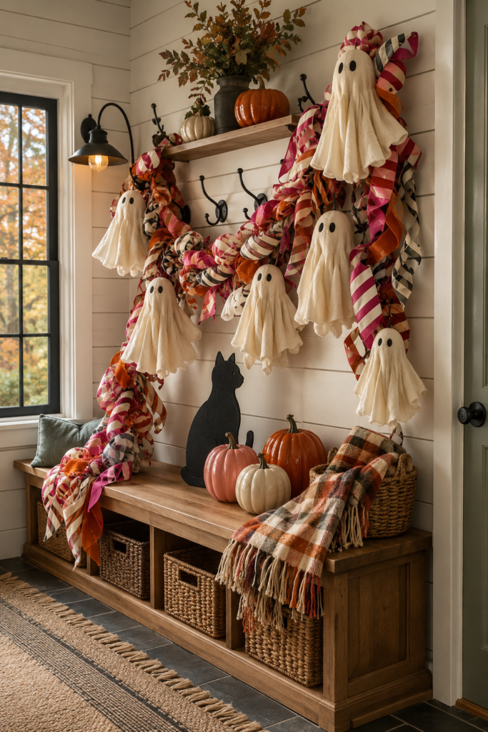 Candy stripe ghost garland decorating a farmhouse mudroom bench for Halloween