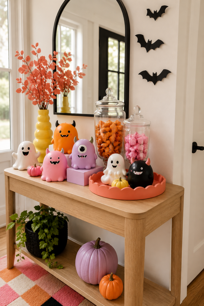 Candy-colored Halloween entry table with cute monsters