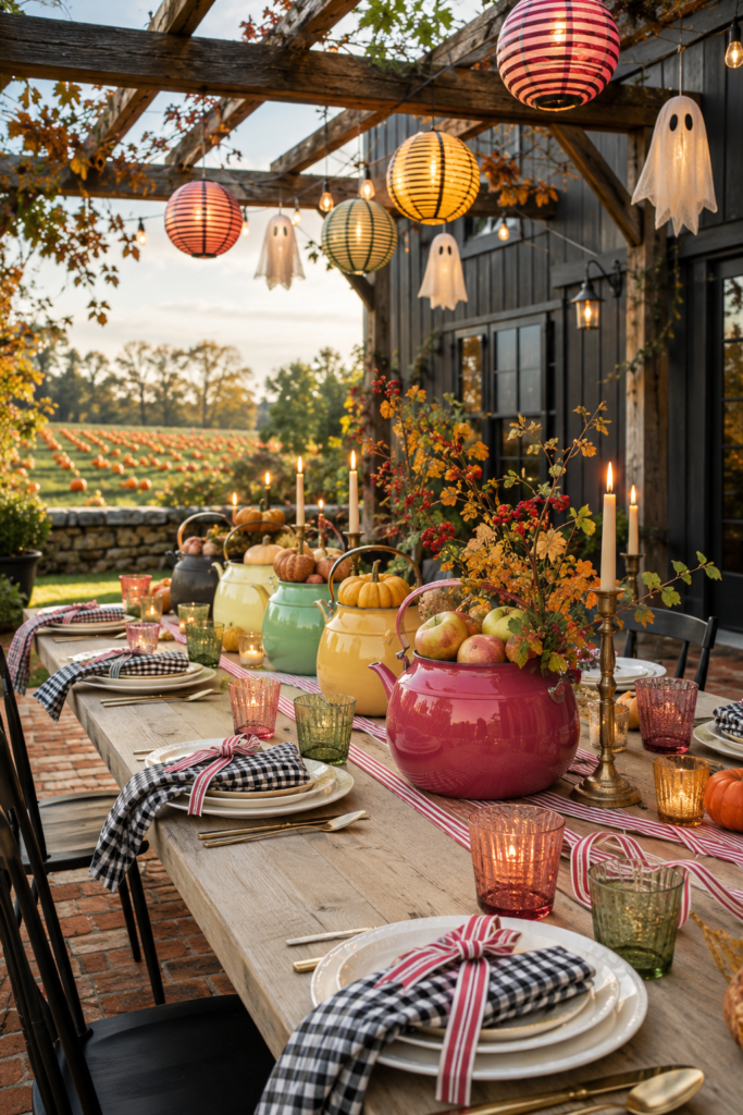 Candy toned kettle centerpieces with gingham napkins striped lanterns and ghosts at a barn pergola Halloween supper
