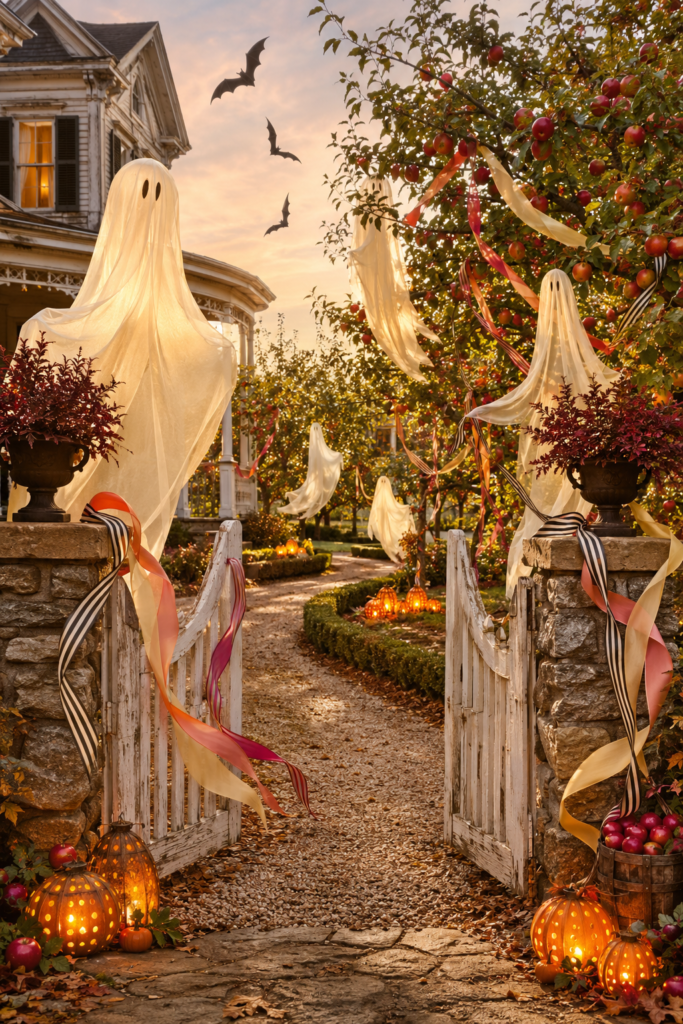 Candy ribbon ghost orchard gate with glowing fabric figures apple trees bats and pierced pumpkin lanterns