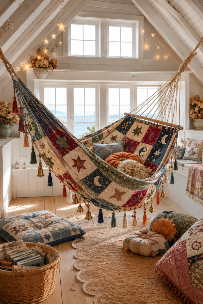 Cape Cod dormer loft with a celestial patchwork hammock star lights fabric pumpkins and a scalloped jute rug