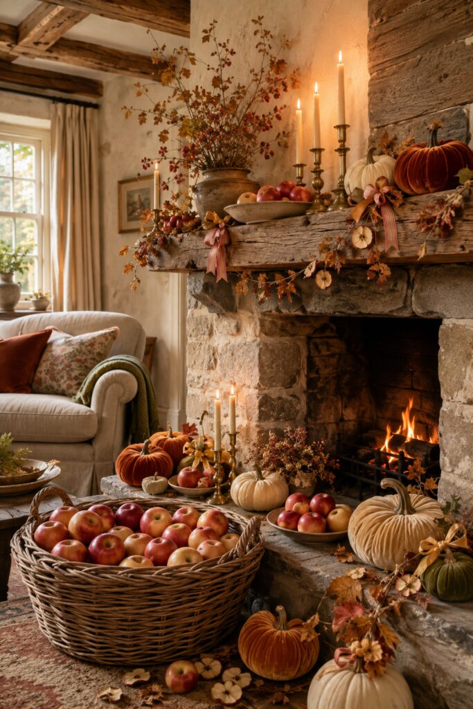 Caramel apple harvest hearth with woven fruit basket velvet pumpkins and brass candlesticks