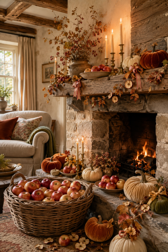 Caramel apple harvest hearth with woven fruit basket velvet pumpkins and brass candlesticks