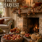 Rustic fall fireplace filled with apples pumpkins autumn branches and a hearth full of harvest text