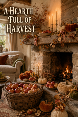 Rustic fall fireplace filled with apples pumpkins autumn branches and a hearth full of harvest text