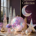 celestial Christmas console with prismatic ornaments pearlized trees and a glowing moon against a plum wall