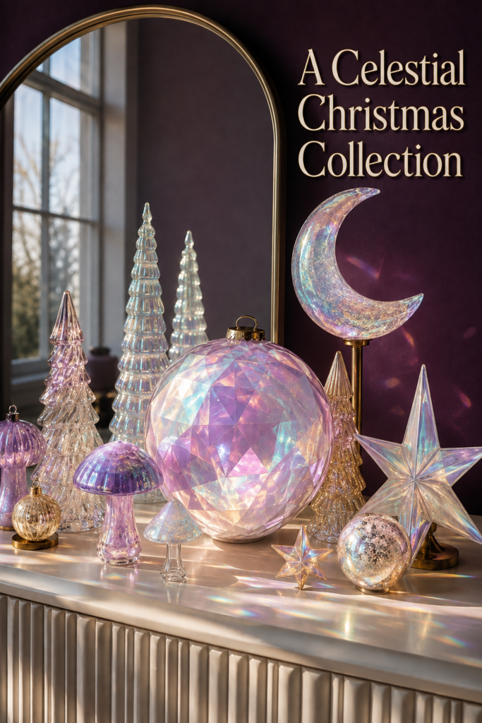 celestial Christmas console with prismatic ornaments pearlized trees and a glowing moon against a plum wall