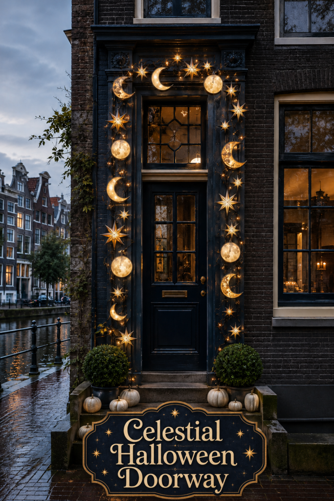 Celestial Halloween Doorway with Moon and Star Lights
