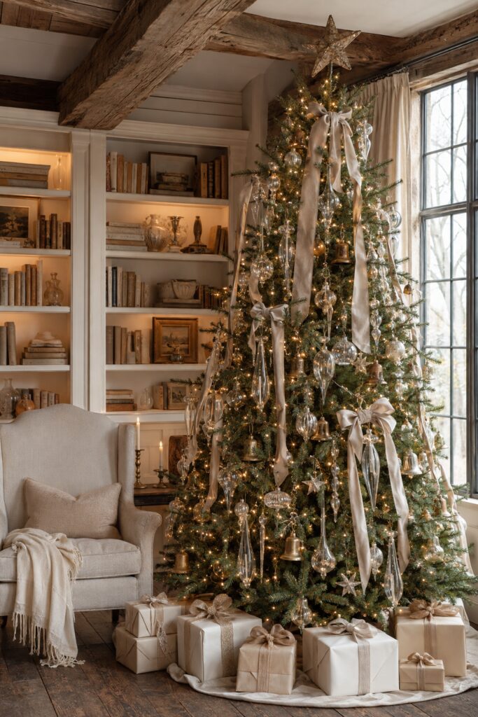 Champagne ribbon Christmas tree with clear glass ornaments in a rustic home library