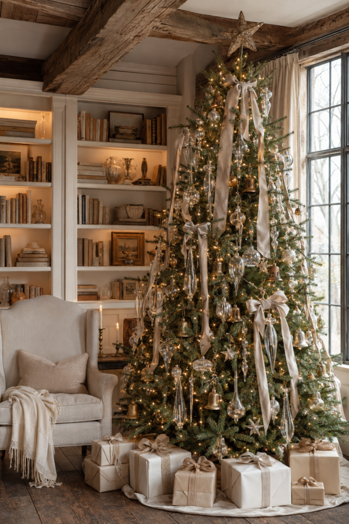 Champagne ribbon Christmas tree with clear glass ornaments in a rustic home library