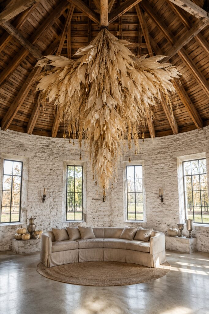 : Champagne corn husk chandelier above a curved linen sofa in a rustic barn decorated for Thanksgiving