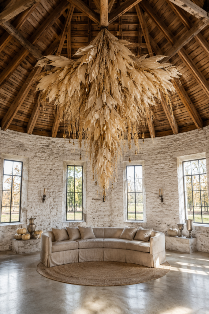 : Champagne corn husk chandelier above a curved linen sofa in a rustic barn decorated for Thanksgiving