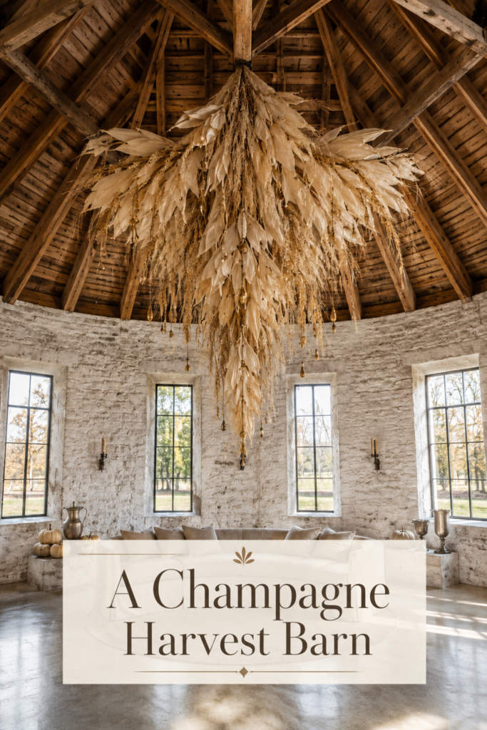 Refined Thanksgiving barn with cascading ivory harvest chandelier pale pumpkins and aged silver vessels