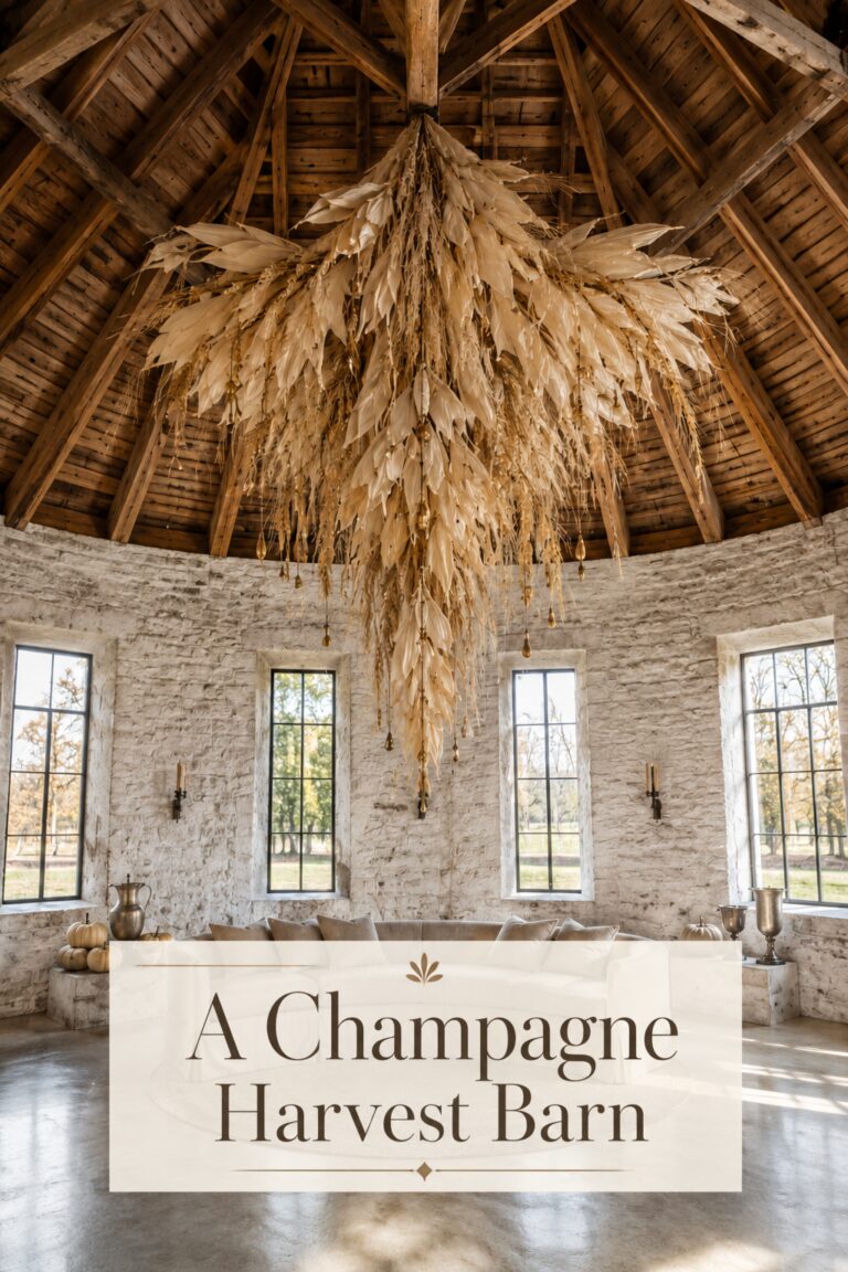 Refined Thanksgiving barn with cascading ivory harvest chandelier pale pumpkins and aged silver vessels