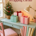Charming Christmas wrapping station with pink gifts woven paper basket tabletop tree and title panel