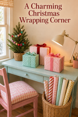 Charming Christmas wrapping station with pink gifts woven paper basket tabletop tree and title panel
