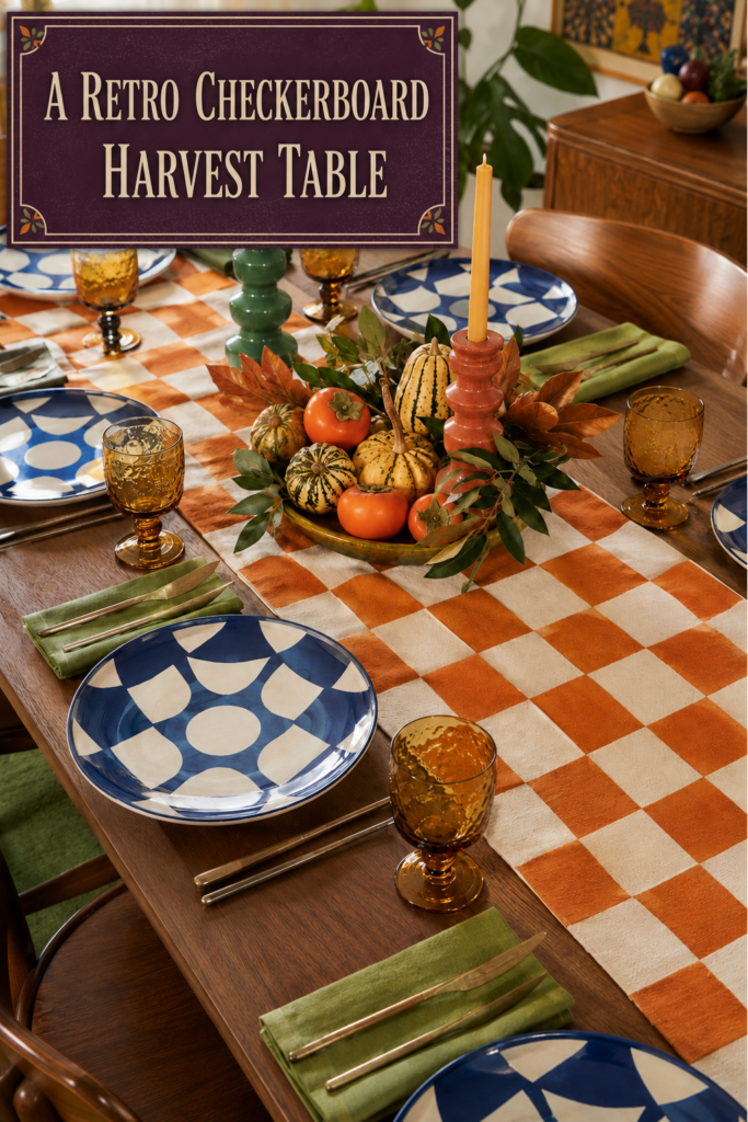 Checkerboard Orange and Blue Thanksgiving Table Setting