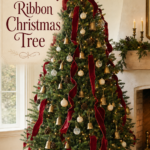 Christas Tree with Dark Red Ribbon and White Ornaments