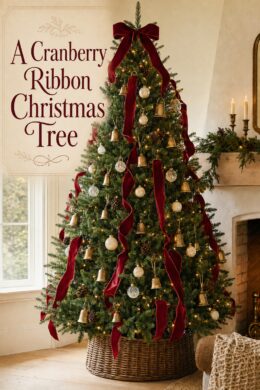 Christas Tree with Dark Red Ribbon and White Ornaments