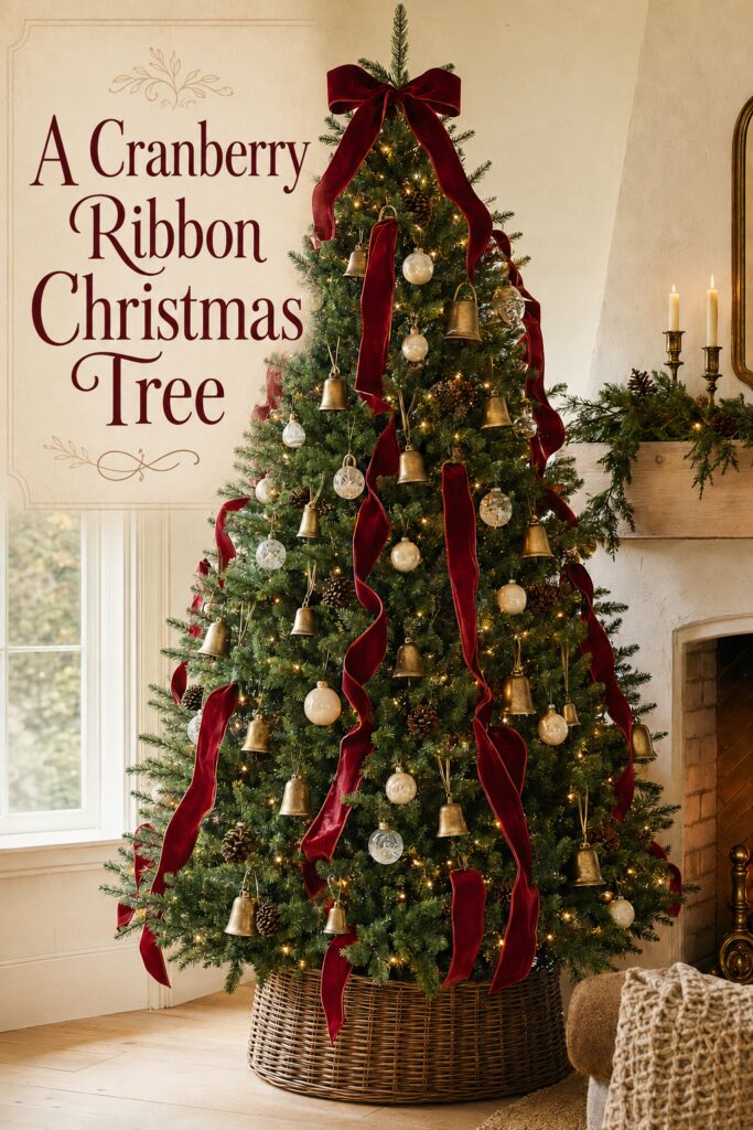 Christas Tree with Dark Red Ribbon and White Ornaments