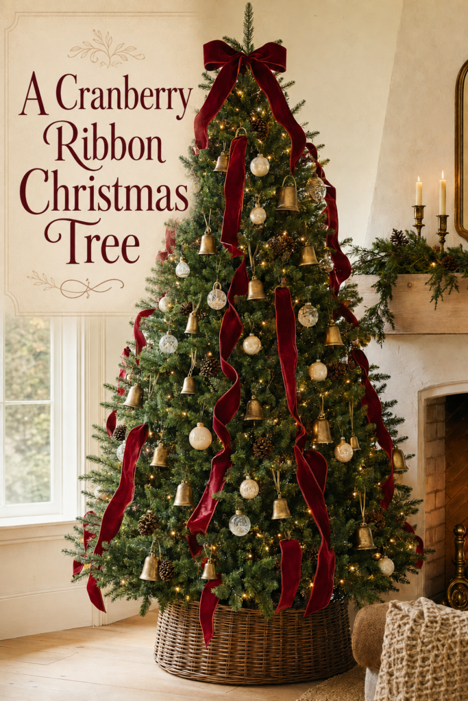 Christas Tree with Dark Red Ribbon and White Ornaments