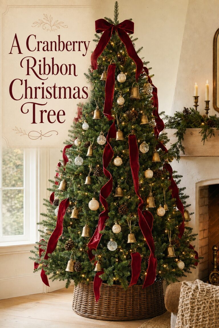 Christas Tree with Dark Red Ribbon and White Ornaments