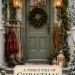 Christmas Porch Decorated with Skates Sleds and Garland