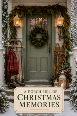 Christmas Porch Decorated with Skates Sleds and Garland