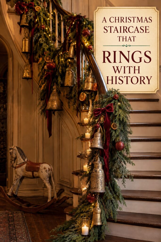 Christmas Staircase with Antique Bells and Garland