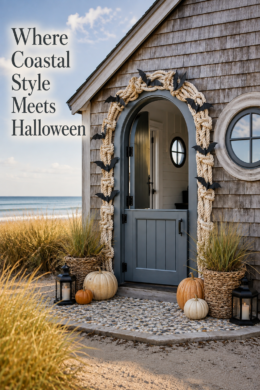 Coastal Halloween Front Door with Rope and Bats