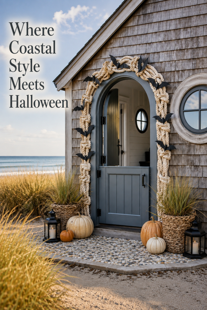 Coastal Halloween Front Door with Rope and Bats