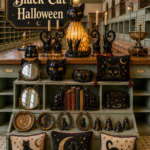 Collection of Black Cat Figures and Pillows for Halloween