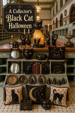 Collection of Black Cat Figures and Pillows for Halloween