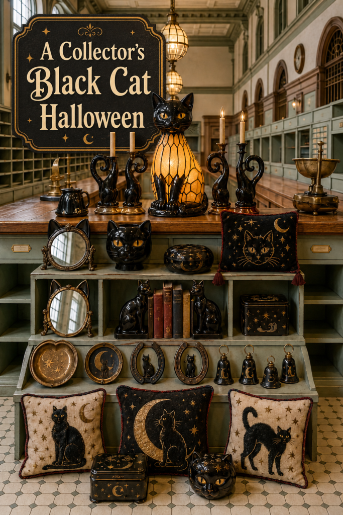 Collection of Black Cat Figures and Pillows for Halloween