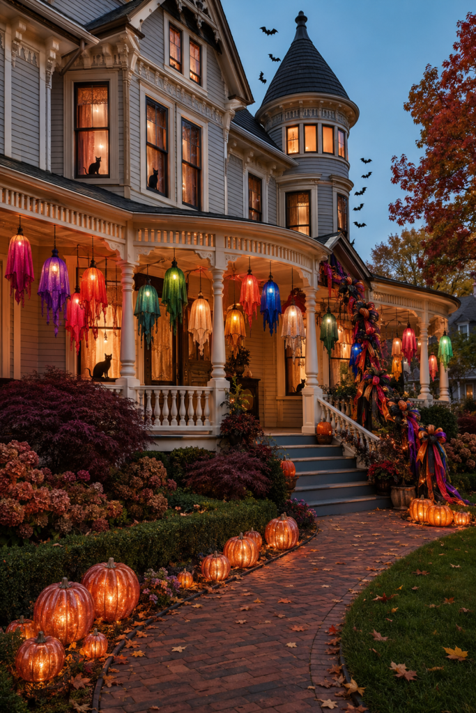 Queen Anne Halloween porch with jewel tone ghost lanterns ribbon garland glowing pumpkins black cats and bats