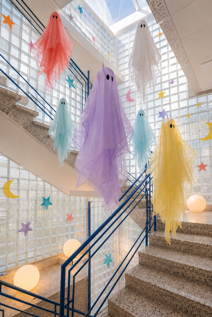 Pastel fabric ghosts floating through a glass block stairwell with stars moons and glowing orb lights