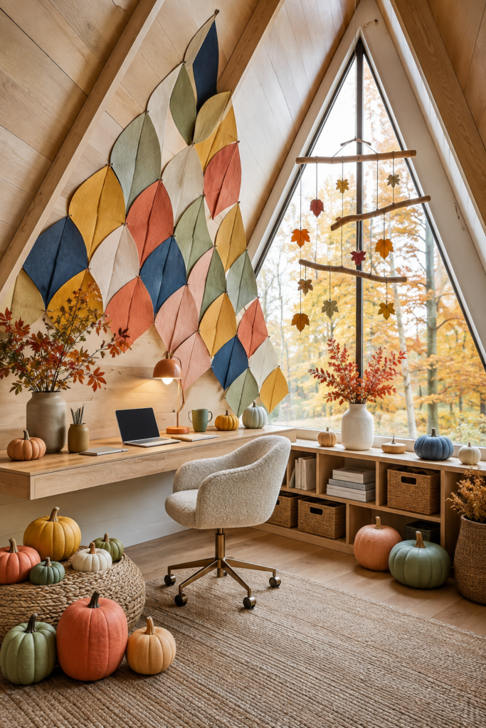 A frame home office with oversized autumn leaf wall art muted pumpkins a hanging leaf mobile and pale wood furnishings
