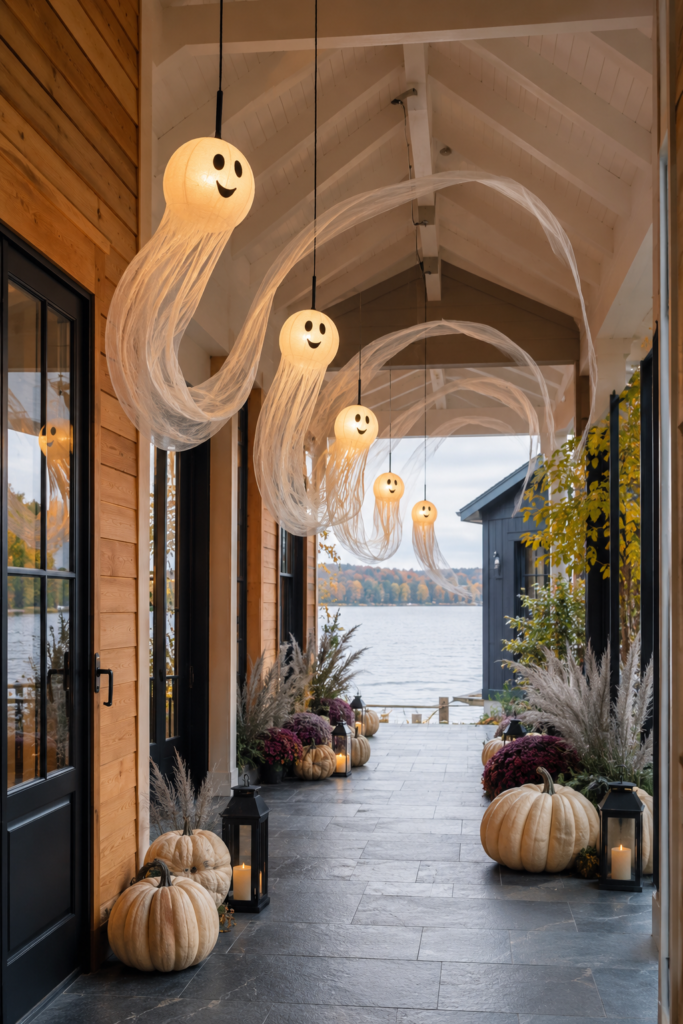 Comet tail ghost lanterns floating through a lakeside cottage breezeway with ivory pumpkins mums grasses and candle lanterns
