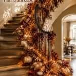 copper leaf fall staircase layered with glowing garland metallic pumpkins and hanging teardrop ornaments